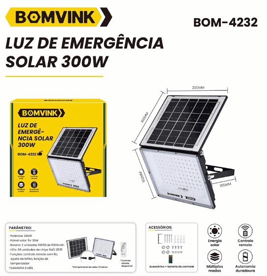 LUZ DE EMERGÊNCIA SOLAR 300W BOM-4232