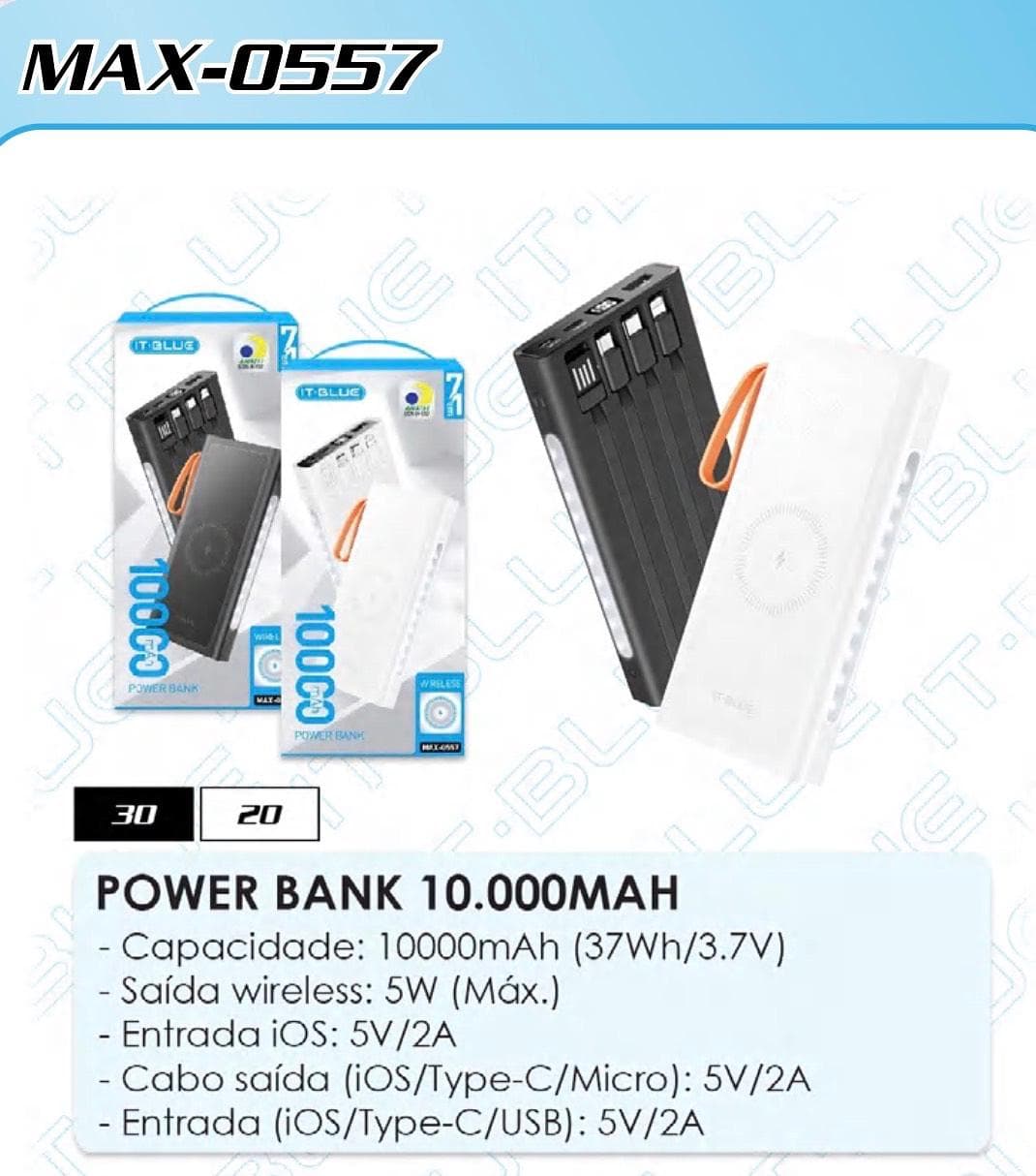 POWER BANK IT BLUE COM CABO E indução 10000MAH MAX0557